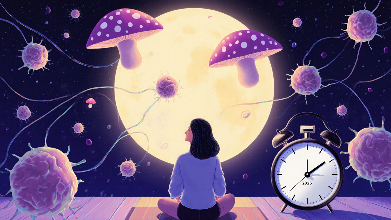 Calm patient in a moonlit room with floating brain cells and psilocybin mushrooms, symbolizing future alcohol treatment options.