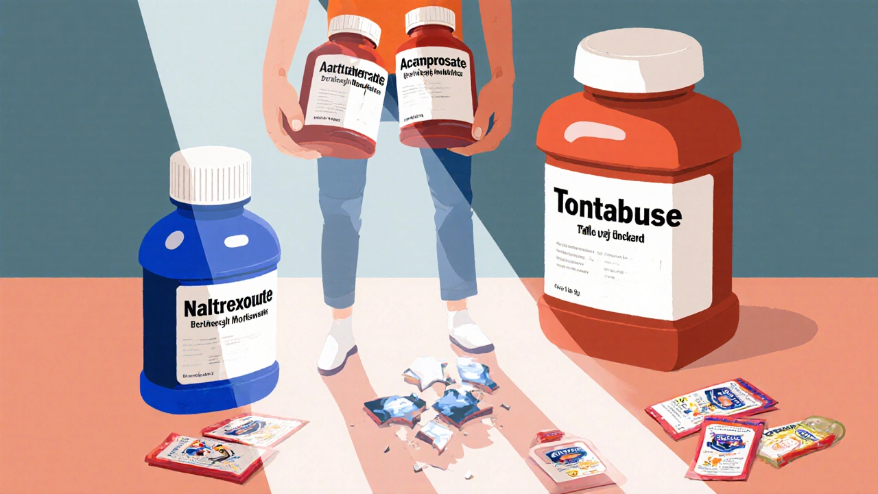 Person holding three medication bottles while a broken Antabuse bottle lies shattered on the floor.