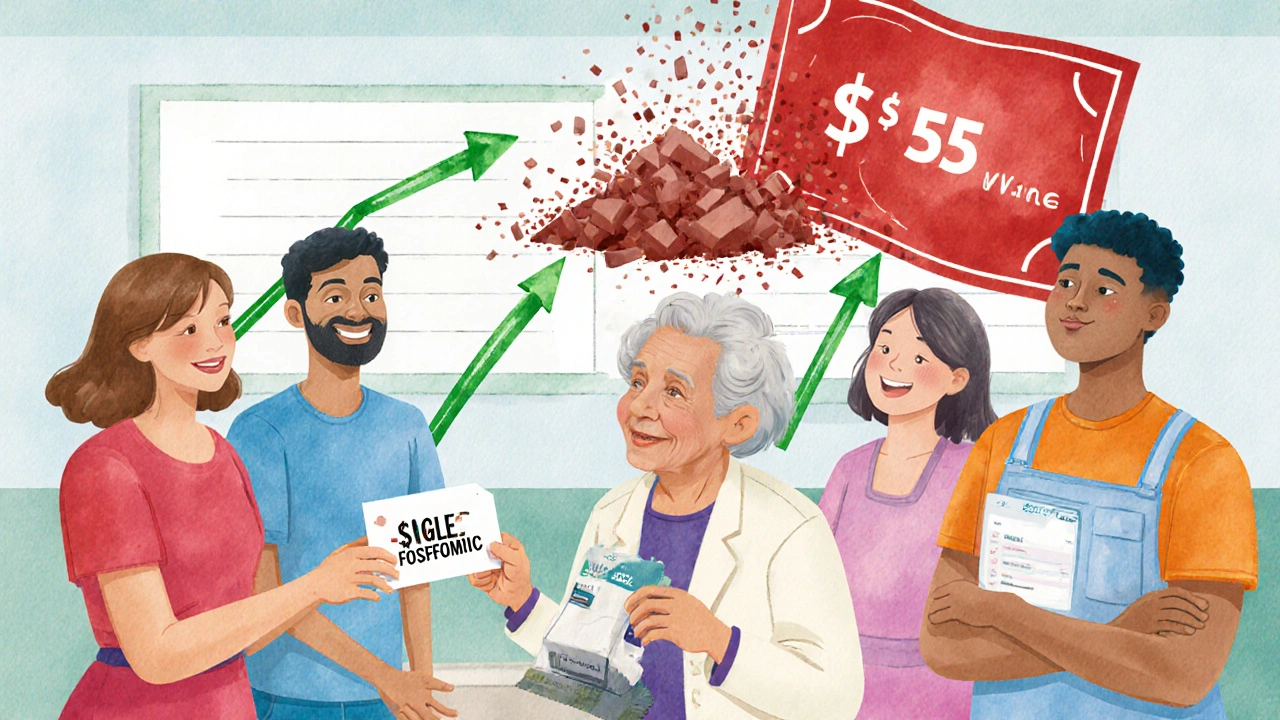 A pharmacist hands a fosfomycin packet to a diverse group of patients, with a low price tag contrasting a crumbling expensive antibiotic bill.