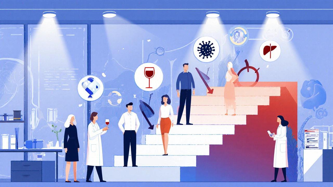 Animated research scene with people stepping up a risk ladder marked by pills, alcohol, and virus icons.