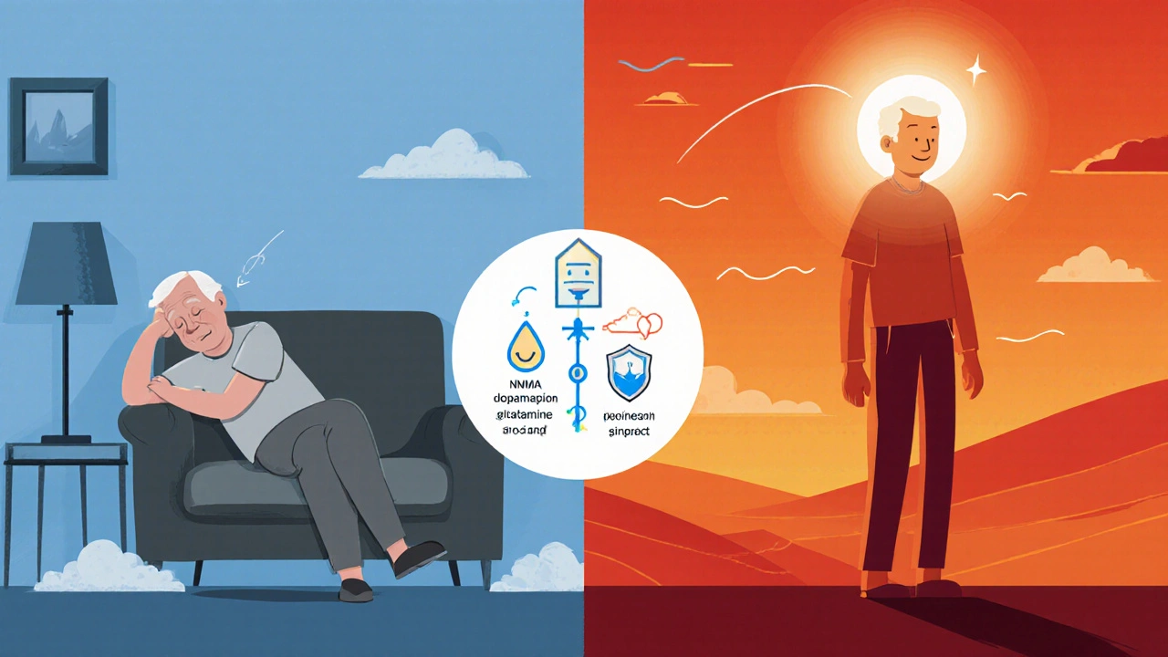Before‑and‑after split view of a Parkinson's patient gaining energy after medication.