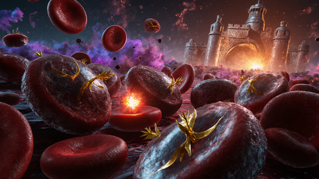 Bloodstream scene showing infected red blood cells, antibodies, and the spleen filtering them.