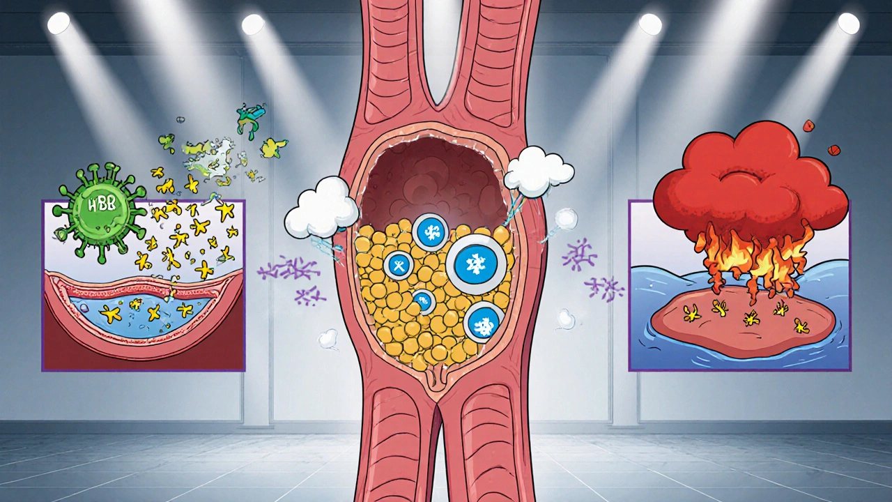 Cartoon artery showing virus attacking cells, LDL plaque buildup, and inflammation clouds.