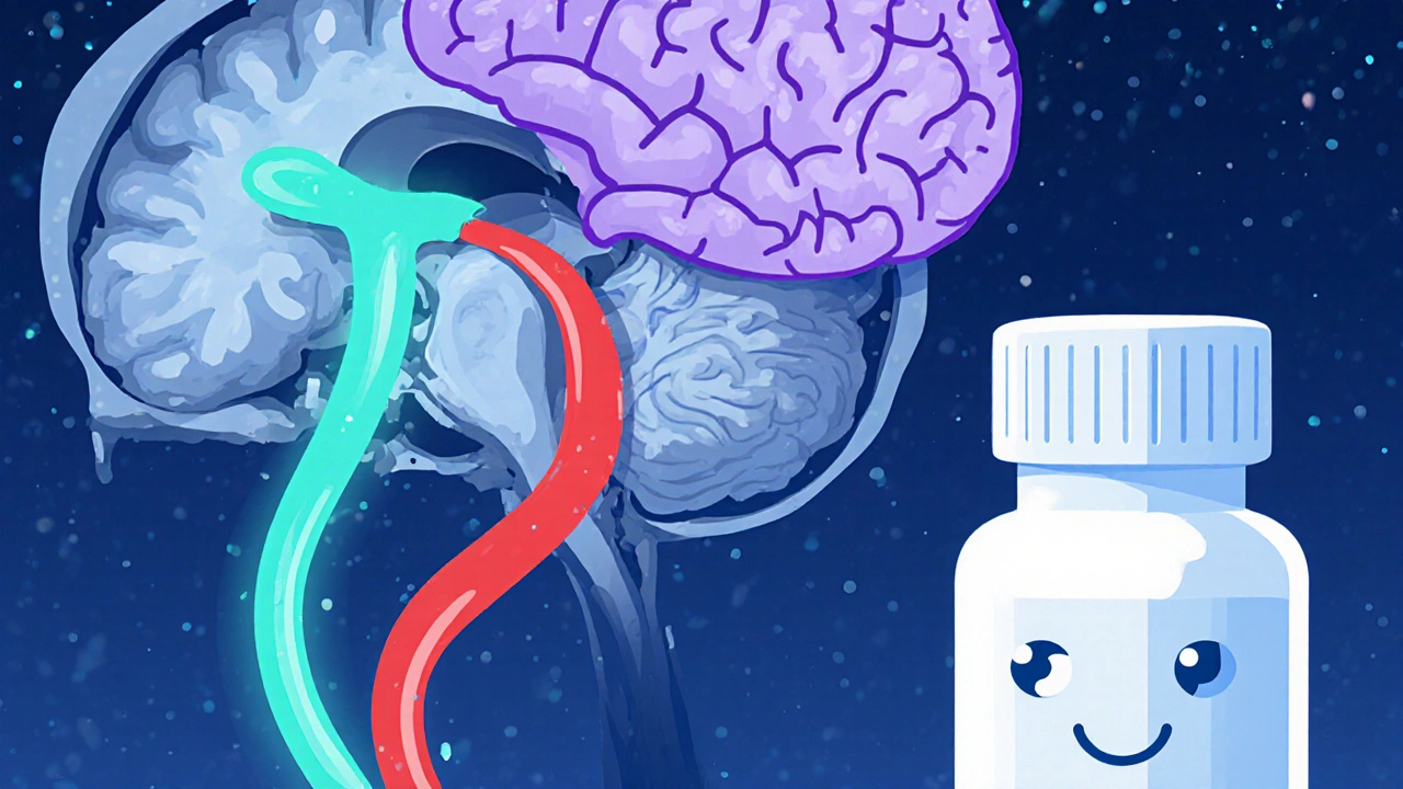 Cartoon MRI view of trigeminal nerve compressed by an artery with highlighted hypothalamus.
