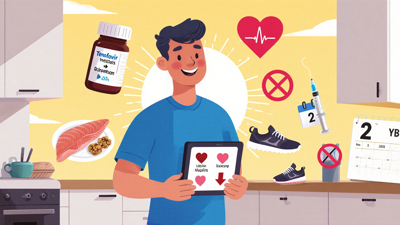 Cartoon person with icons for antiviral pills, healthy diet, exercise, and medical check‑ups.