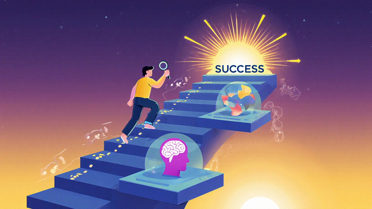 Character climbs a staircase of tools toward a bright summit representing success.
