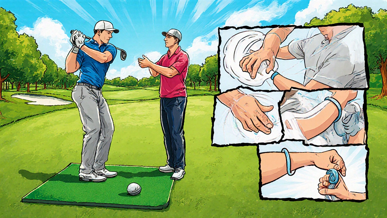 Comic‑style golfer adjusting grip, warming up, and using a forearm strap.