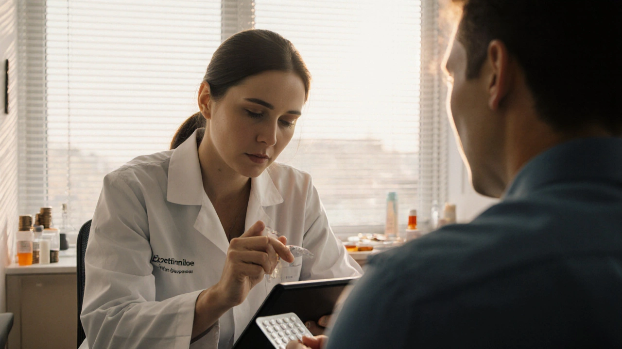 Doctor and patient discussing treatment, patient holding ezetimibe bottle.