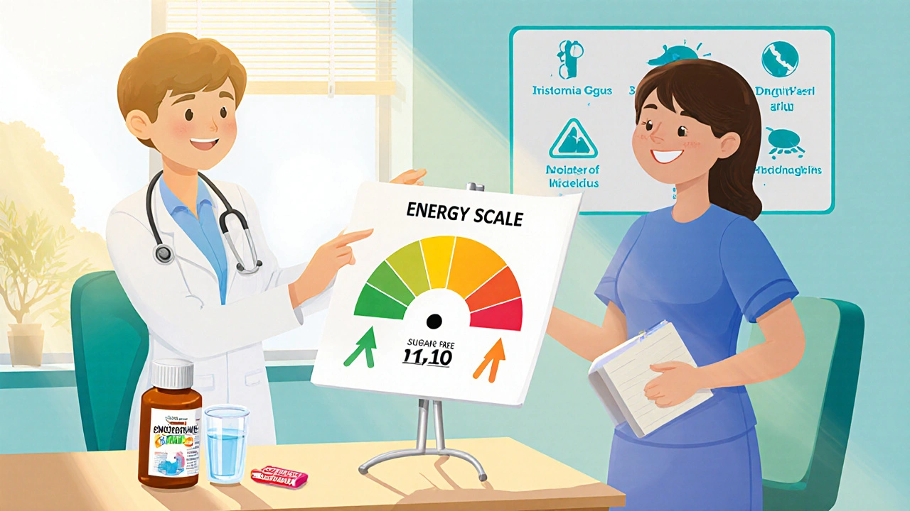 Doctor and patient reviewing an energy chart with Amantadine bottle and care icons.