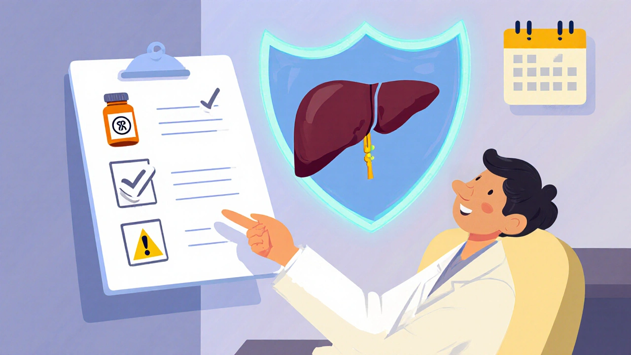 Doctor and patient with floating checklist icons and a shielded liver in a calm office.