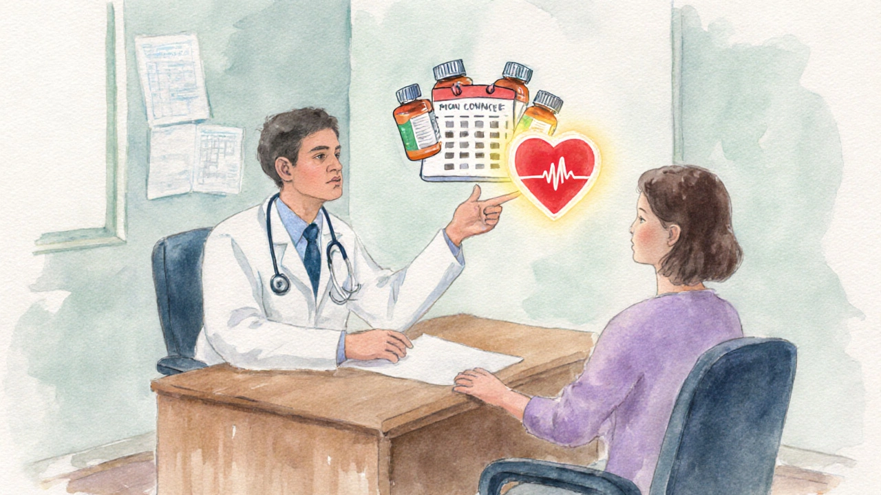 Doctor consulting patient in clinic, gesturing to floating pills, calendar, and heart in watercolor style.