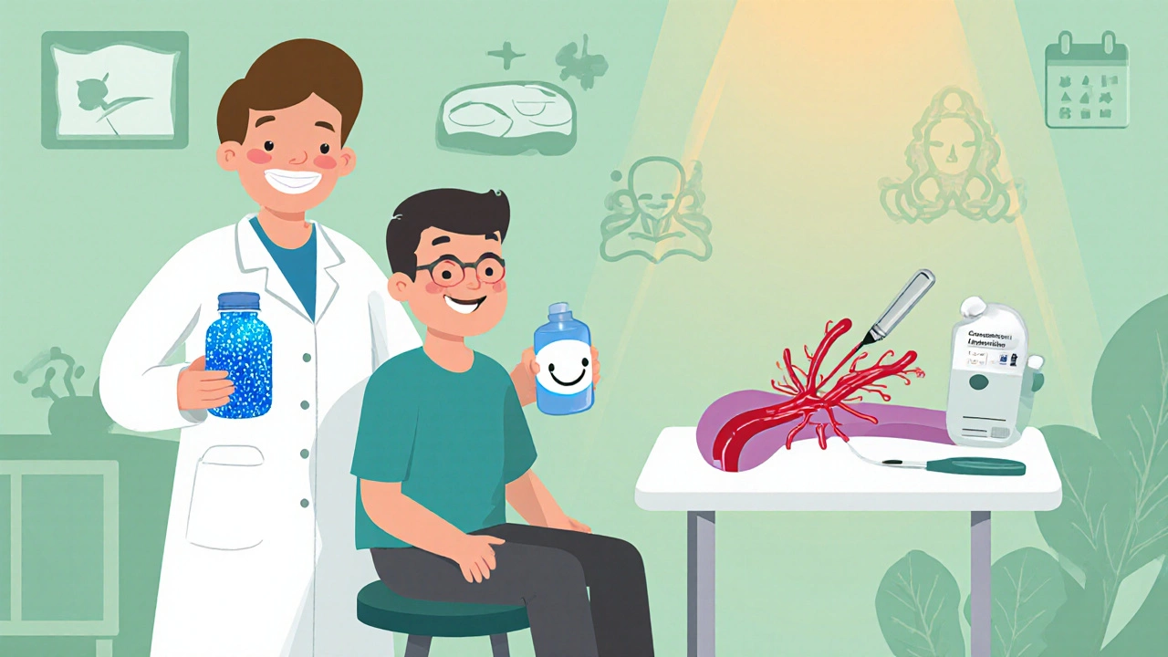 Doctor offering medication and oxygen to patient, with a tiny surgery scene in the background.