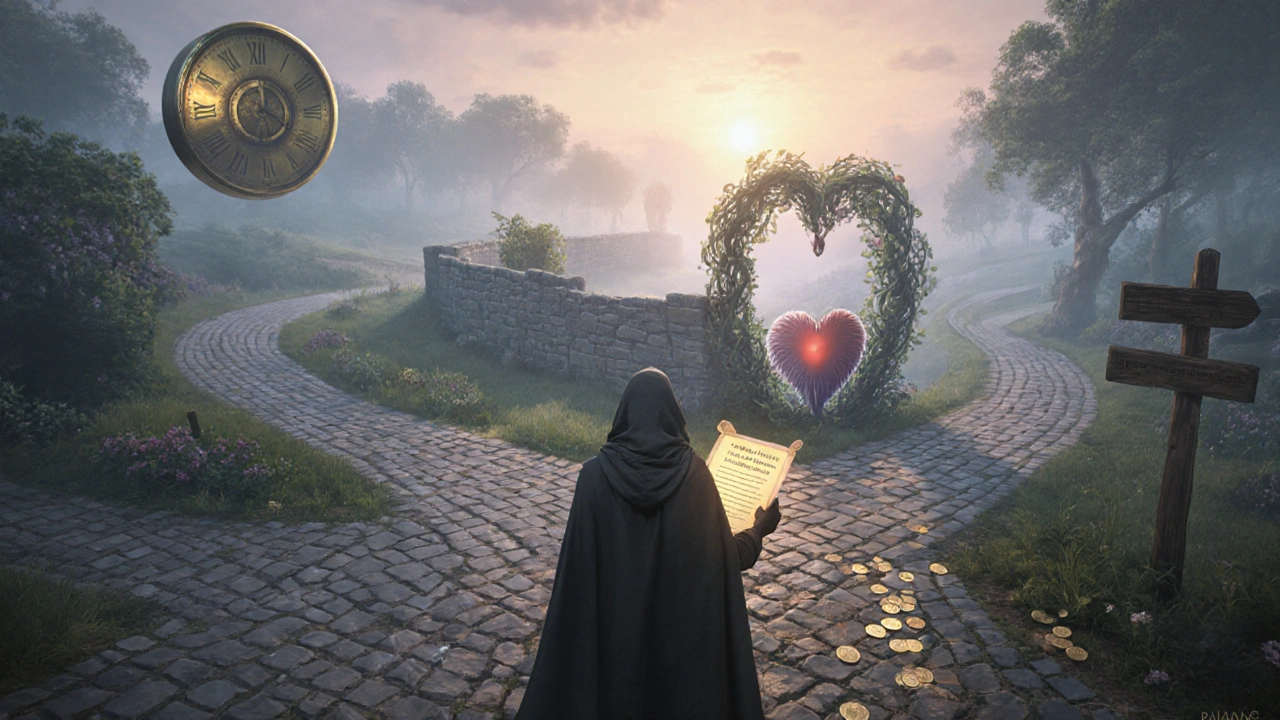 Fantasy crossroads where a traveler decides between paths symbolizing NSAID options.