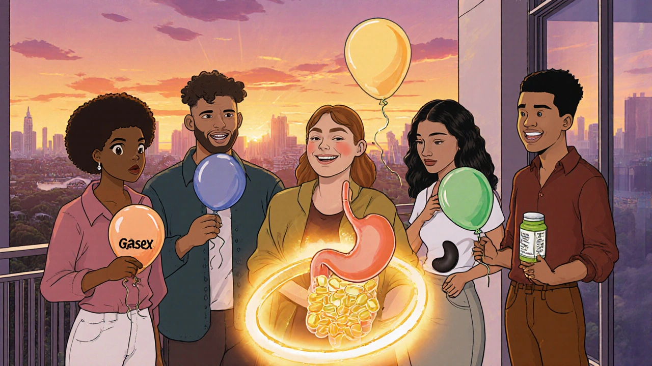 Five people on a balcony, one relieved by Gasex, others struggling with side effects of alternatives.