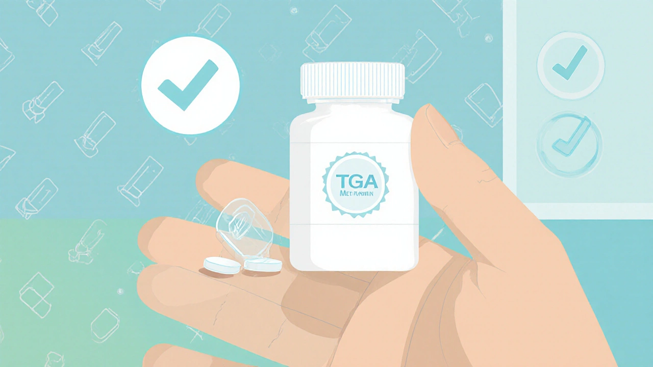 Hand holding metformin bottle with TGA badge, tablet showing imprint, verification icons nearby.