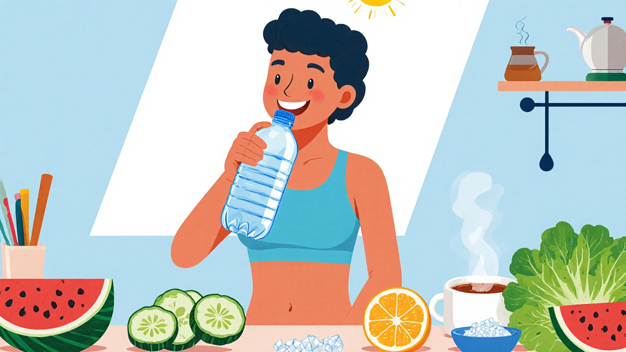 Happy individual drinking water surrounded by water‑rich foods and herbs.