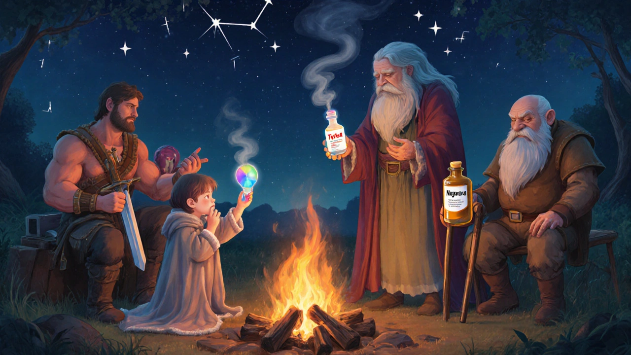 Healer advises a child, a warrior, and an elderly dwarf on choosing appropriate pain relief potions.