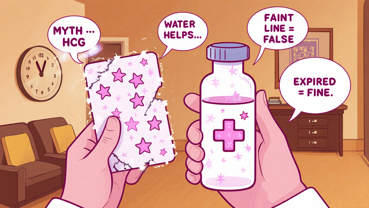 Home pregnancy test compared to a blood test vial, with myth bubbles popping around them in a clinic setting.