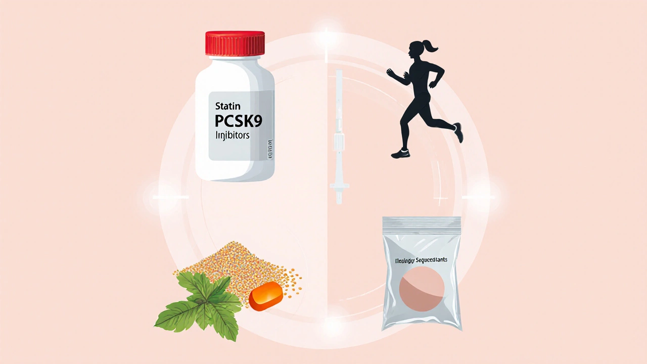 Illustrated collage of pills, injection pen, powder bag, niacin tablet, and fitness icons.
