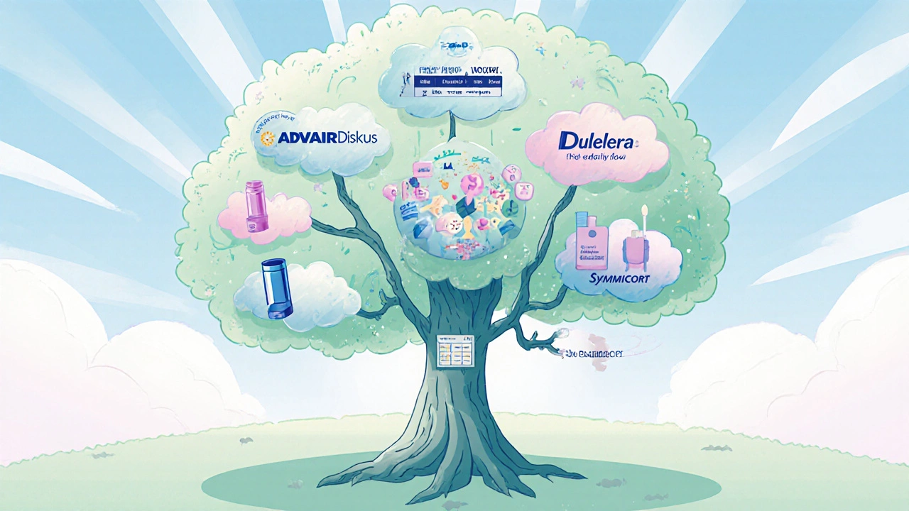 Illustrated decision tree with inhaler icons representing treatment options.
