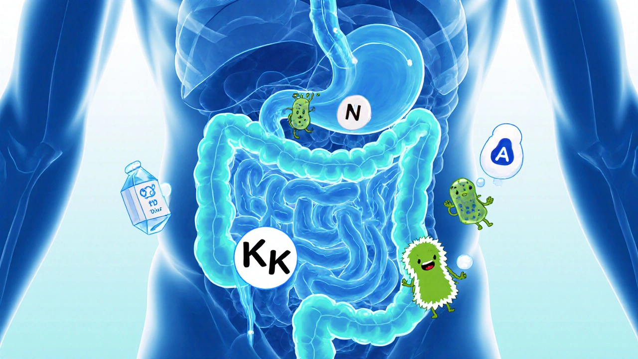 Illustrated gut cross-section showing water, electrolytes, and bacteria influencing digestion.