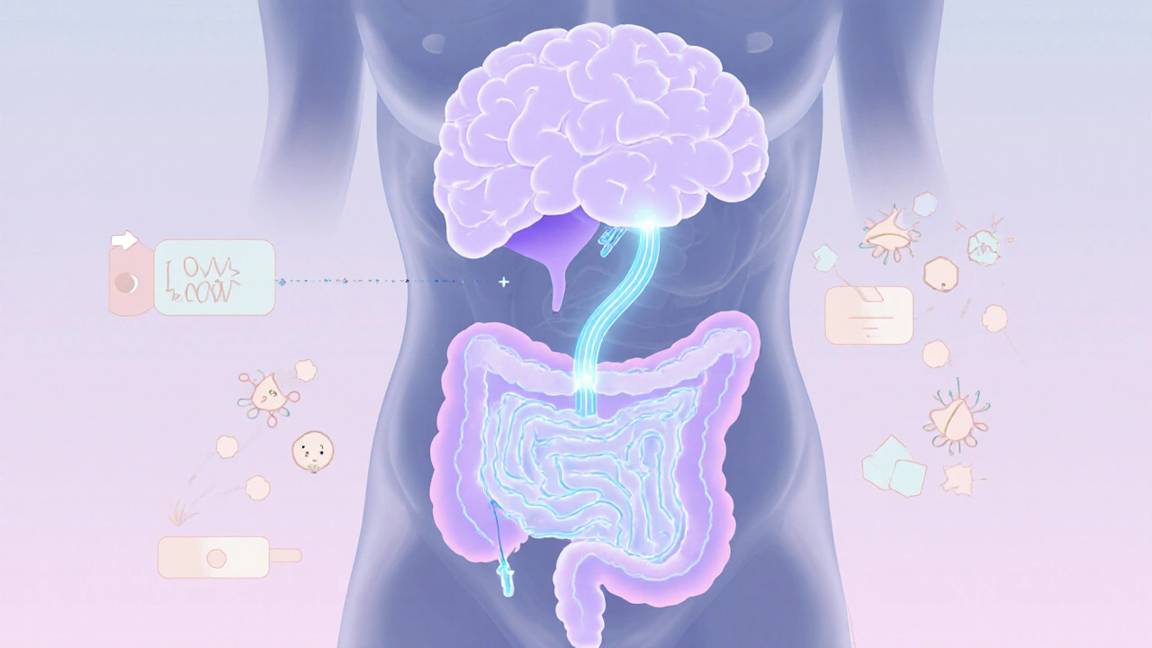 Illustration of the gut‑brain axis with nerves and calming symbols.
