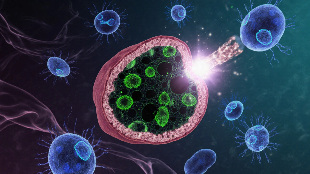 Liver cell infected with malaria parasites surrounded by attacking CD8 T cells.