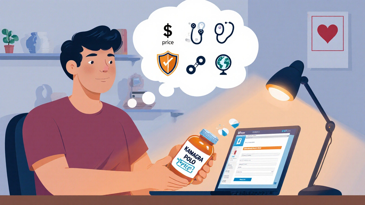 Man at a desk viewing an online pharmacy, holding a Kamagra Polo bottle with a safety checklist thought bubble.