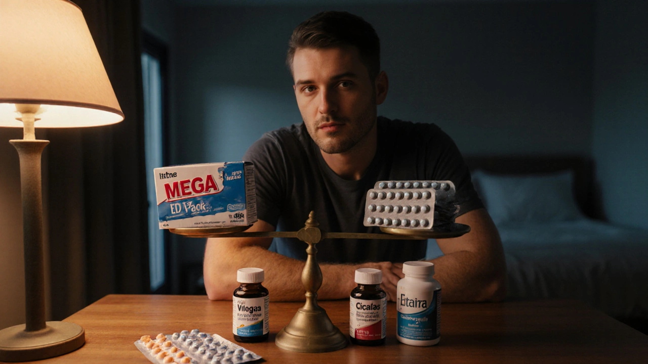 Man at a table comparing medication bottles and price tags under warm lighting.