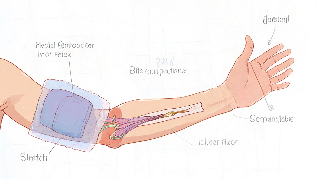 Medical illustration of forearm with sleeve, ice pack, and wrist‑flexor stretch.