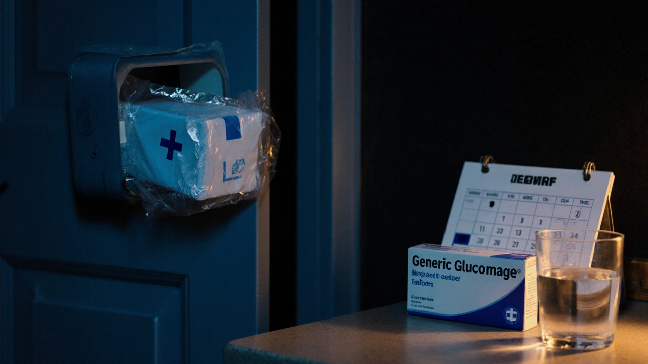 Parcel at mailbox with opened tablet box and calendar reminder on kitchen counter.