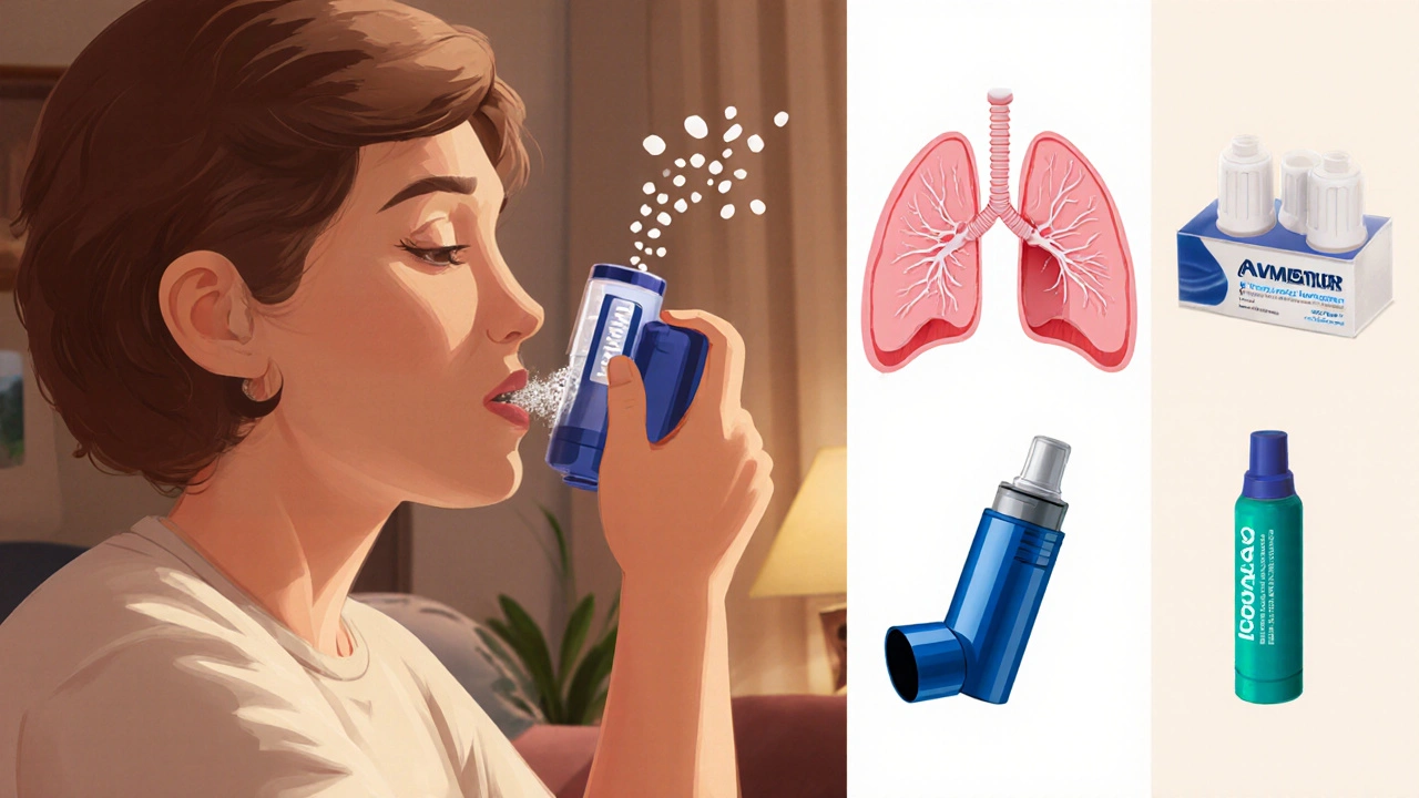 Patient inhaling Advair Diskus with powder flowing into lungs, other inhalers shown.