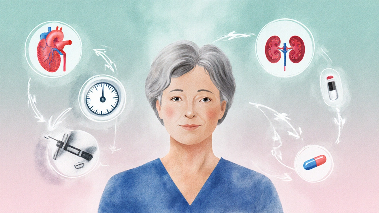 Patient silhouette surrounded by icons of heart, kidney, weight scale and medication options.