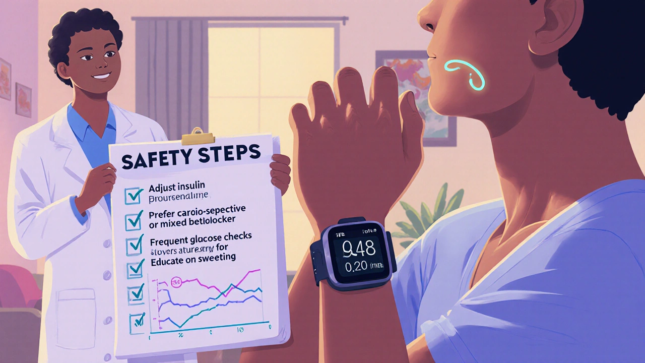 Patient with CGM checks sweat on neck while doctor points to safety checklist.