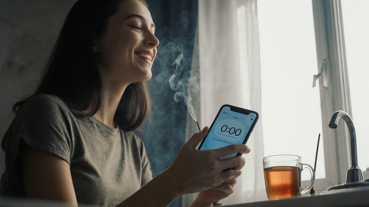 Person doing a 10‑minute meditation routine at a kitchen counter.