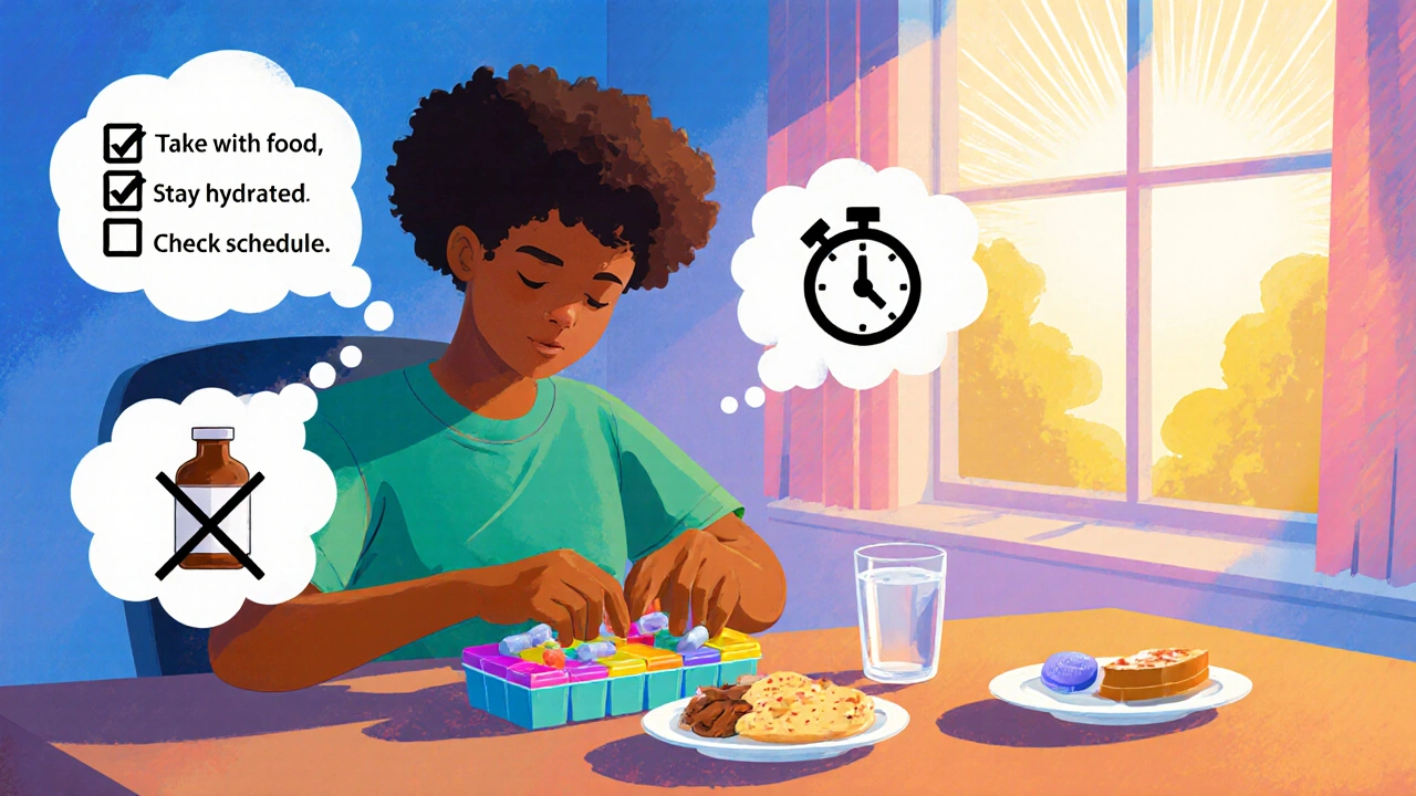 Person using a pill organizer, taking medication with food and water, with checklist icons.