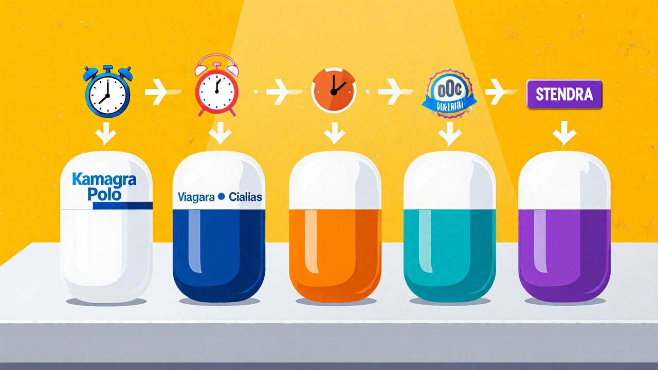 Row of five cartoon pills labeled Kamagra Polo, Viagra, Cialis, Levitra, and Stendra with onset and duration icons.