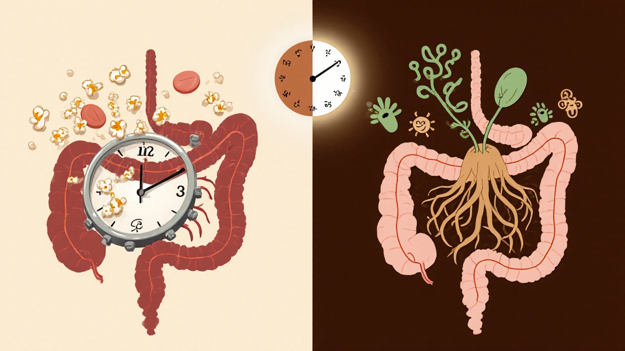 Side-by-side: mechanical gas bubble burst vs. herbal roots nurturing digestion over time.
