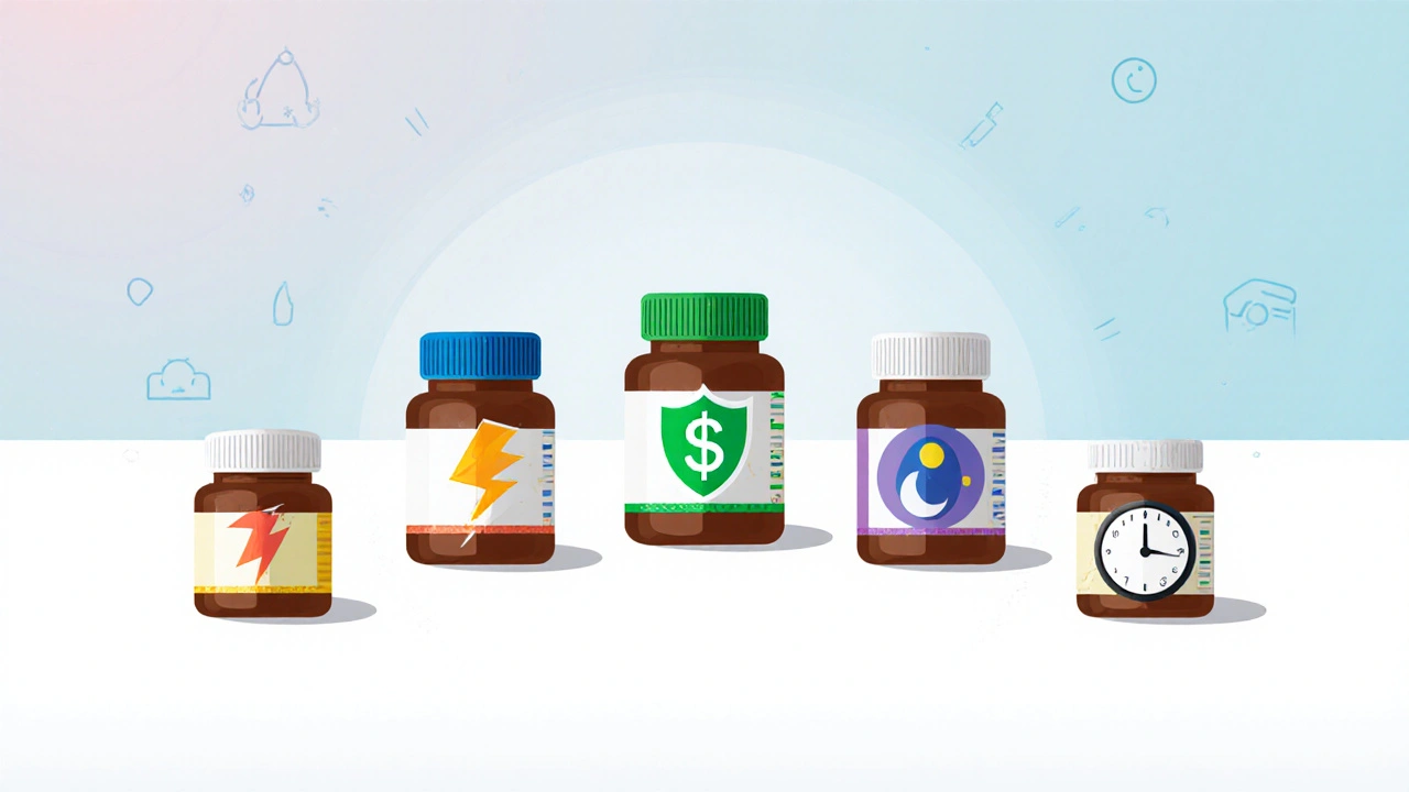 Six pill bottles with distinct caps, each surrounded by icons for onset, cost, interaction, night use, etc.