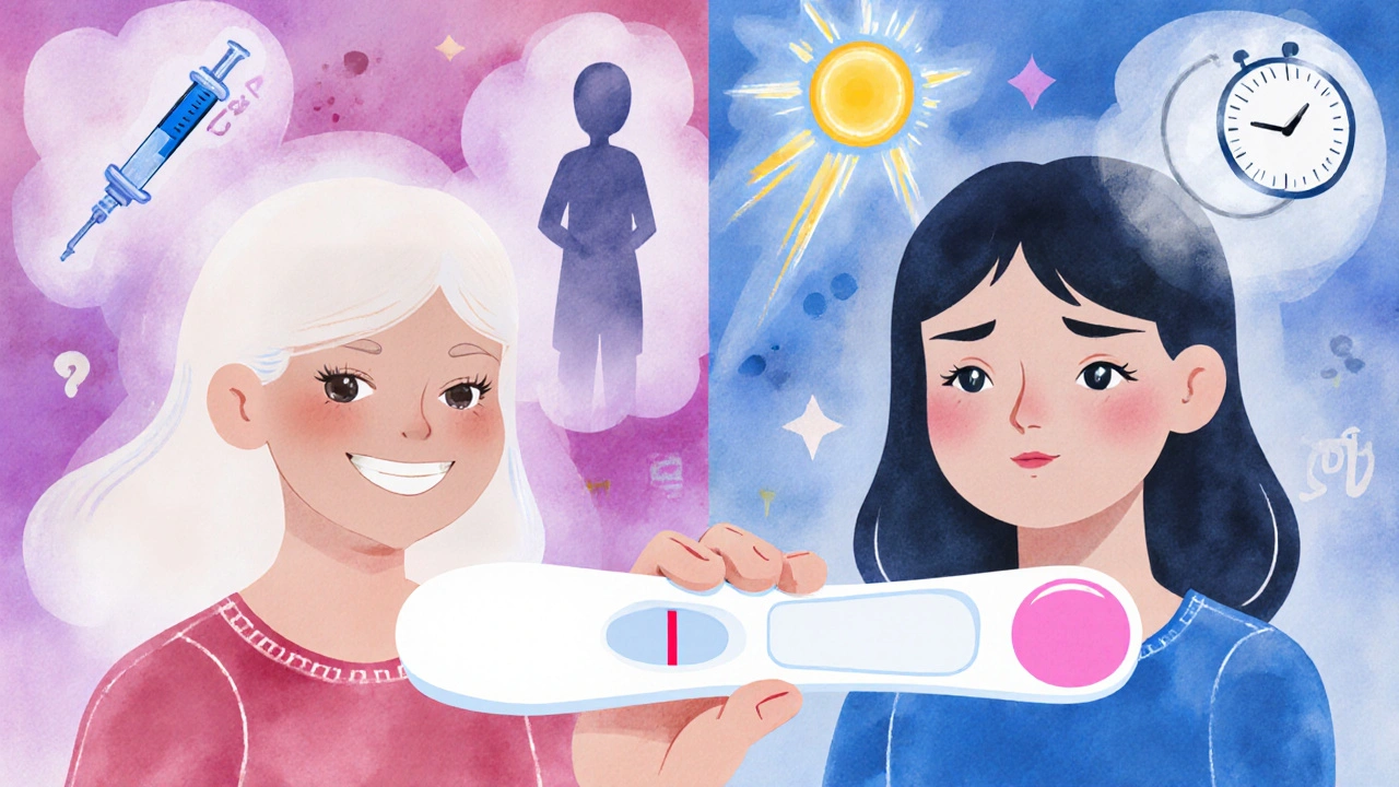 Split image showing positive and negative pregnancy test results with floating medical symbols representing false results.