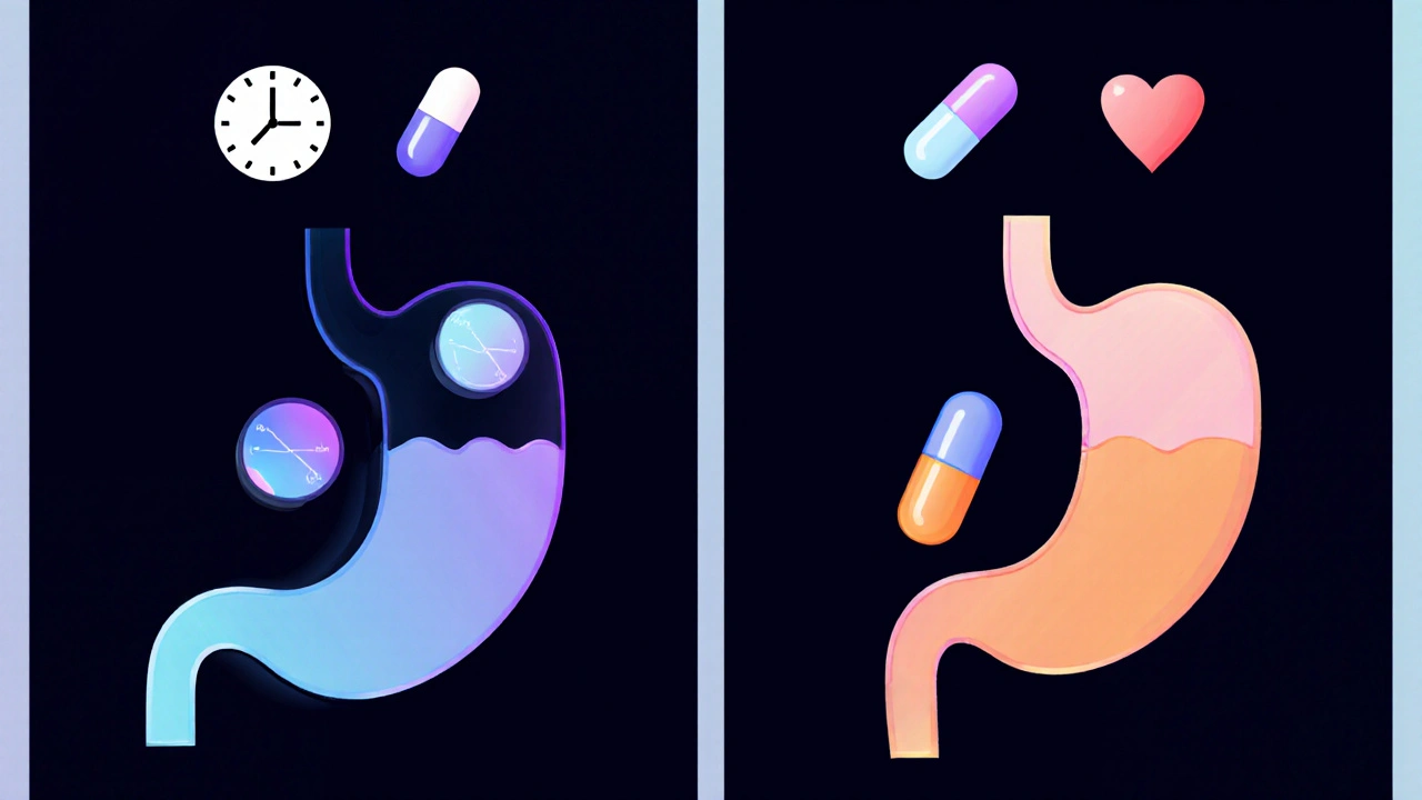 Split-screen illustration of three dissolving pills versus single‑pill options with timing icons.