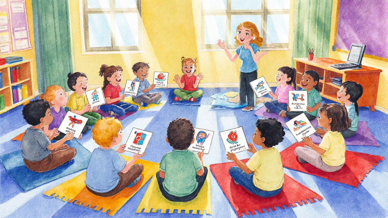 Students in a circle learning about seizures, counselor guiding, bright colors.