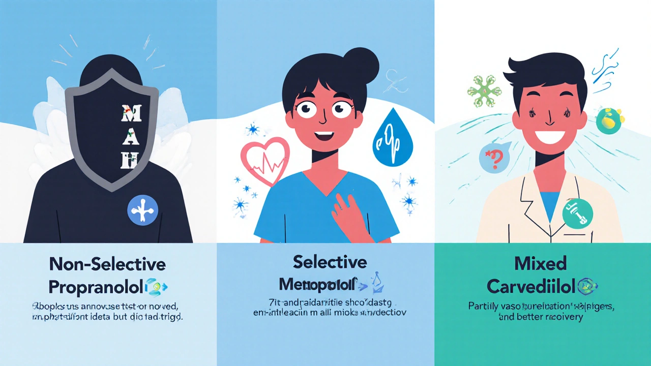 Three cartoon figures show non‑selective, selective, and mixed beta‑blockers masking symptoms differently.