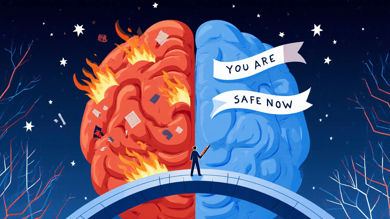 A brain split between chaotic trauma loops and calm safety, connected by a figure holding a pen.