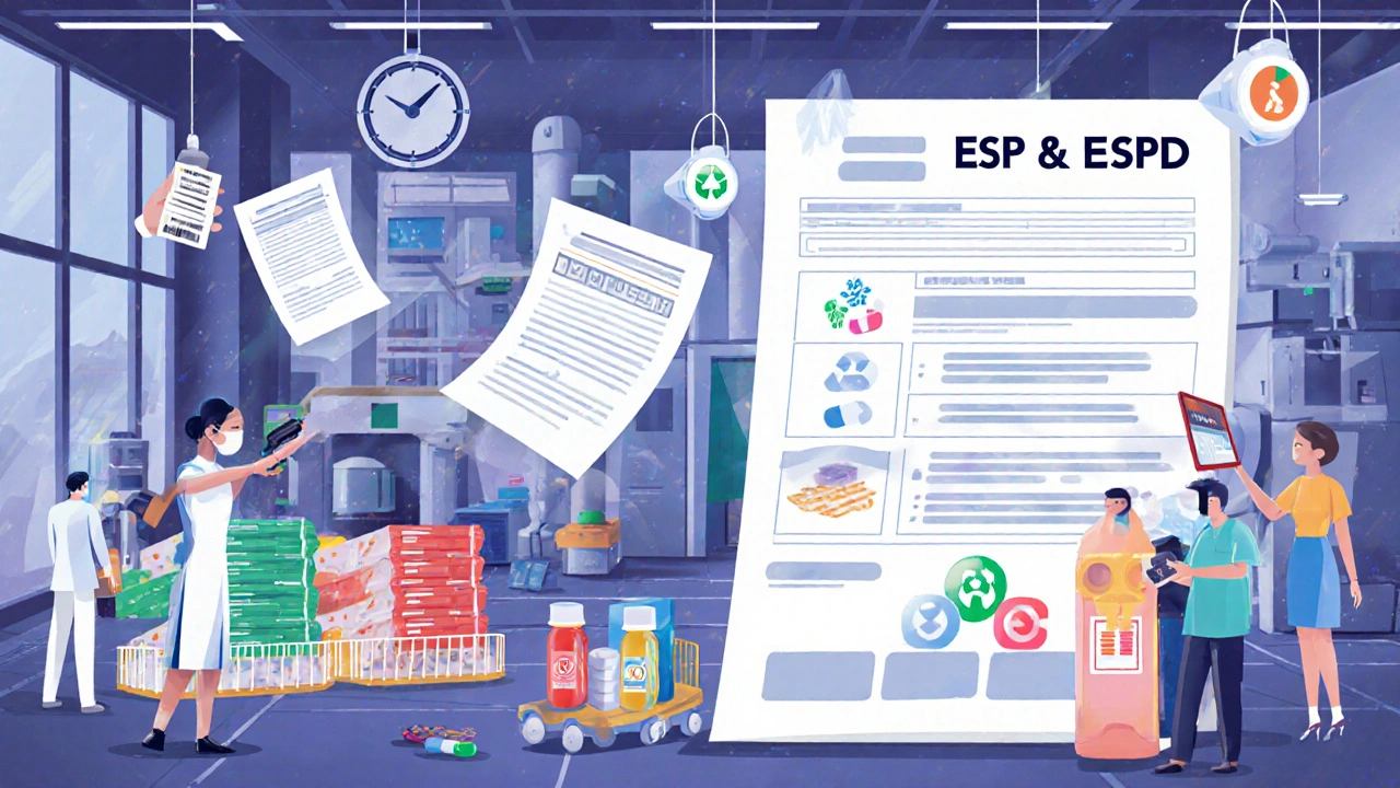 A digital hospital hub with AI scanning bid forms, factories producing pills with eco-labels, and data streams flowing.