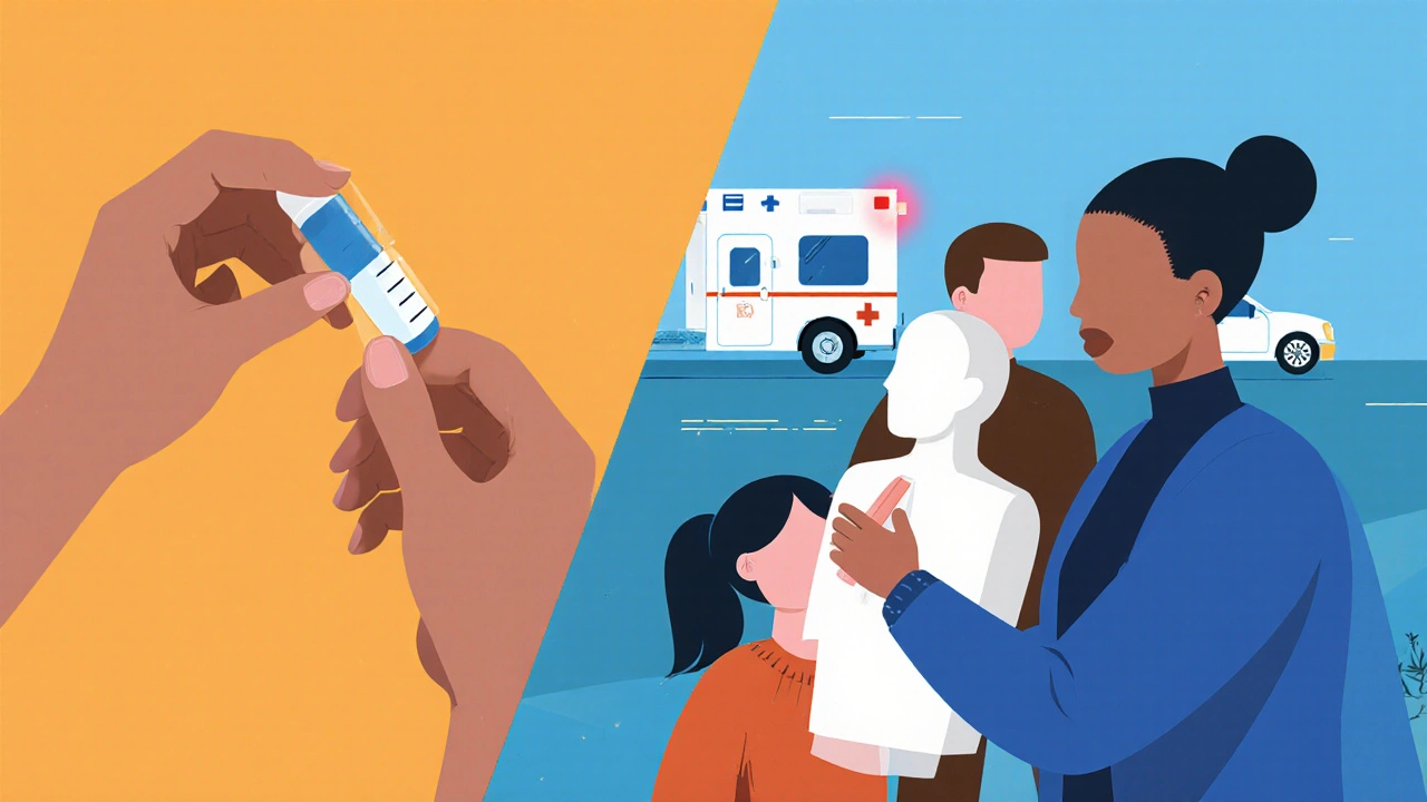 A fentanyl test strip is used beside a family member performing rescue breathing.