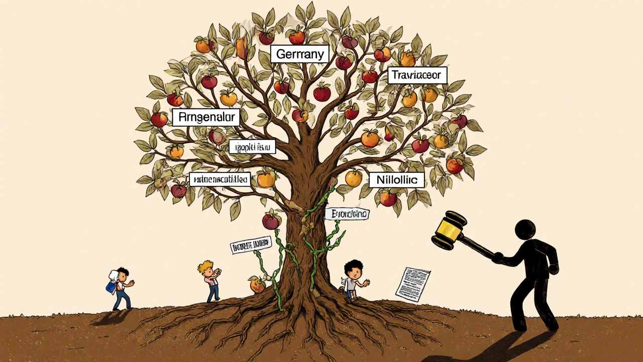 A framework agreement as a tree with medicine fruit, rooted in transparency, while collusion is pushed away by a gavel.