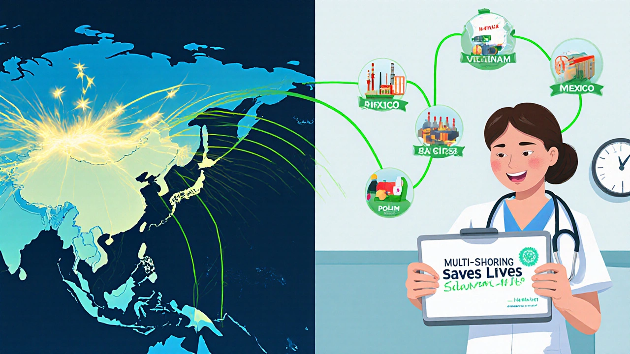 A global map shows broken supply lines to China and India, with new green routes extending to Mexico, Vietnam, and Poland for safer drug production.