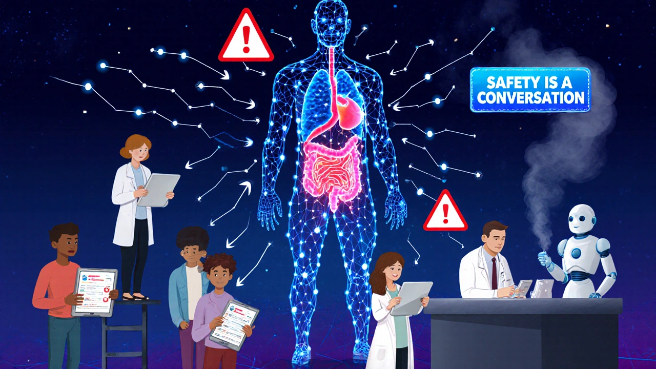 A human body made of data nodes glows with warning signs, surrounded by patients, doctors, and AI collaborating on drug safety.