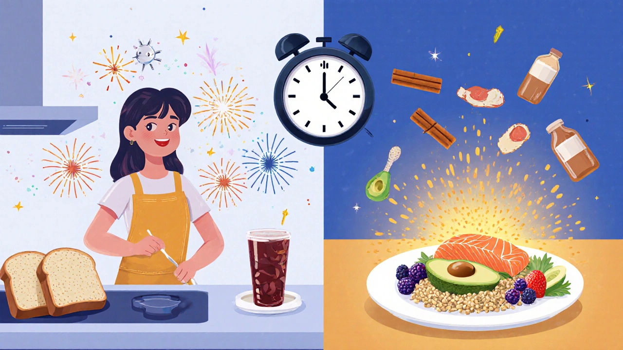 A kitchen scene contrasting junk food insulin spikes with healthy PCOS-friendly meals glowing with nutrient light.